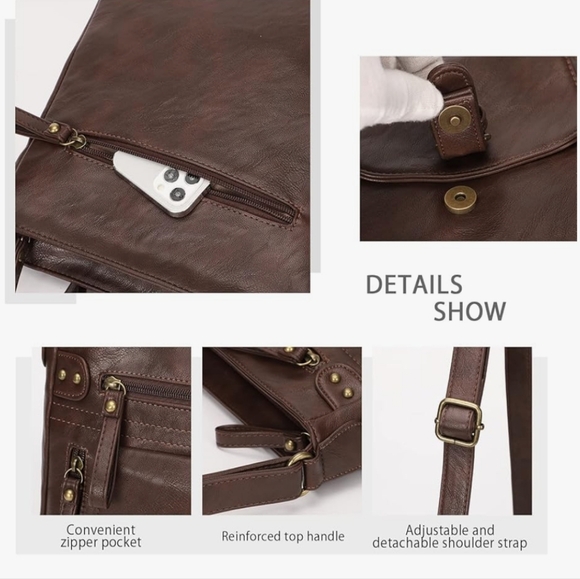 Coffee Brown Vegan High Capacity Crossbody Bag Purse Water Resistant Lightweight - Picture 3 of 11